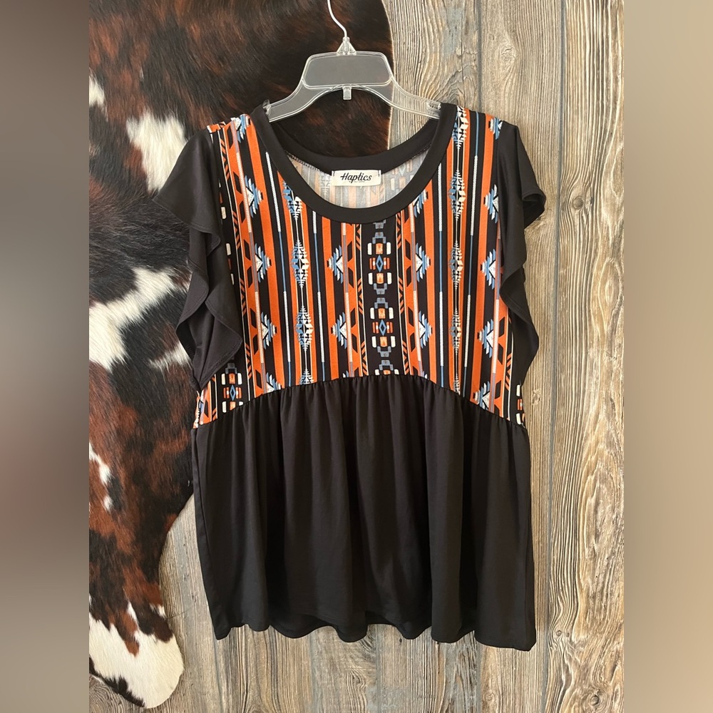 Haylee Black & Orange Patterned Flutter Sleeve Blouse